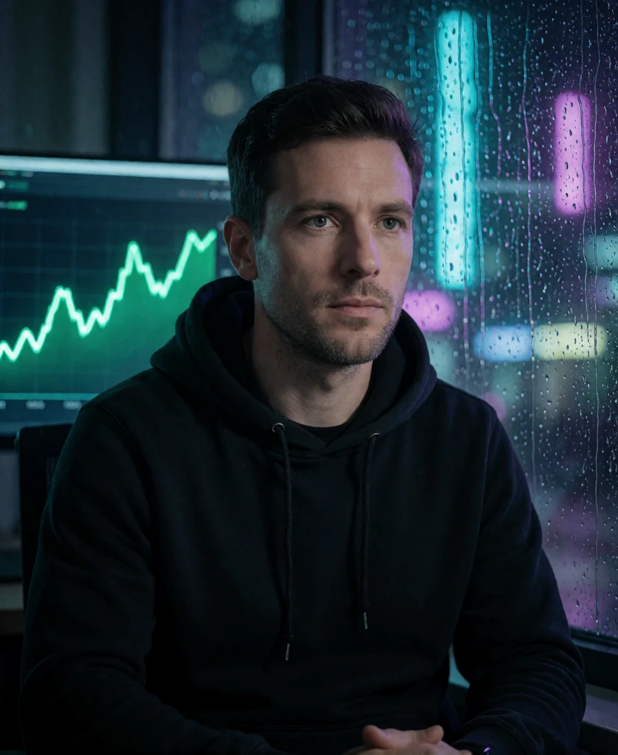 Tech-versierter Mann pr&uuml;ft nachts einen leuchtenden Multiplikator-Screen - Provably Fair Games bei Rainbet
