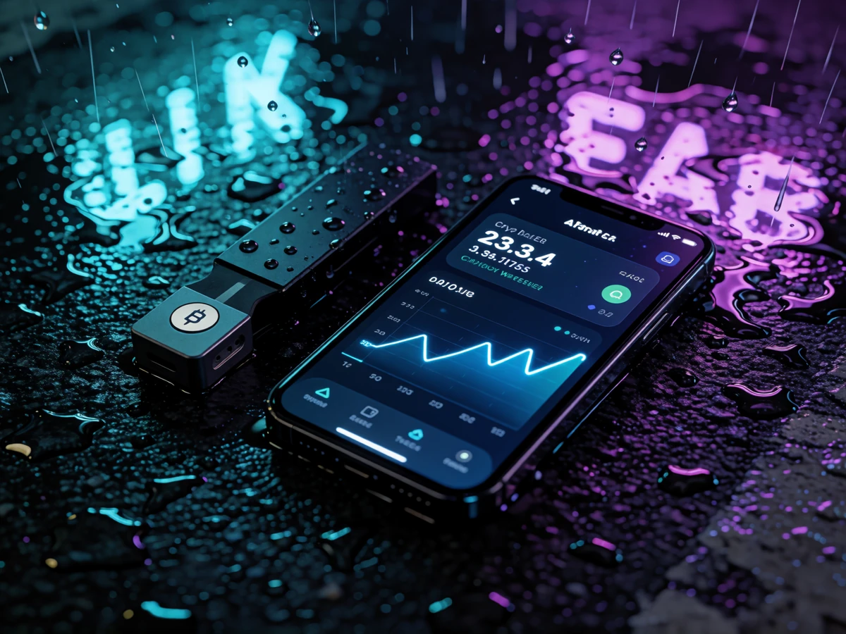 Hardware-Wallet und Smartphone mit Krypto-App auf nassem Asphalt mit Neonreflexen - Krypto Einzahlung bei Rainbet