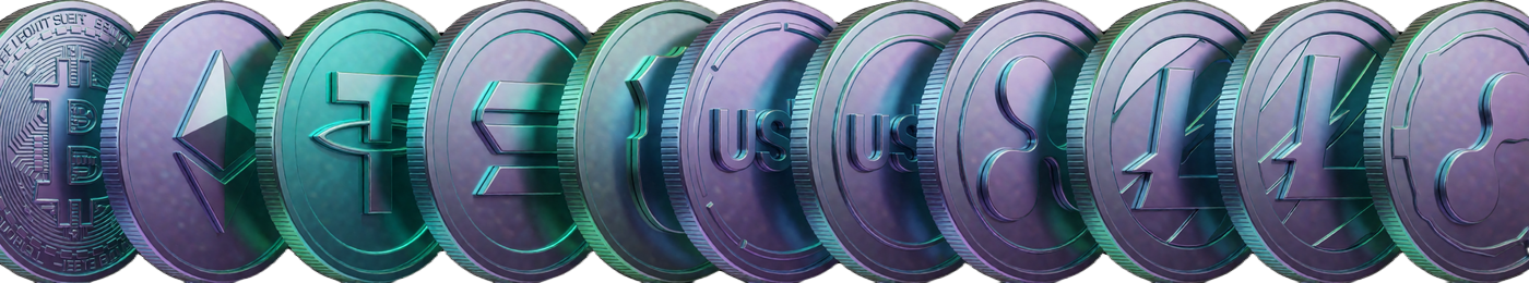 Reihe mit acht leuchtenden Krypto-Coin-Icons: BTC, ETH, USDT, SOL, LTC, DOGE, XRP und USDC im Rainbet Bitcoin Casino