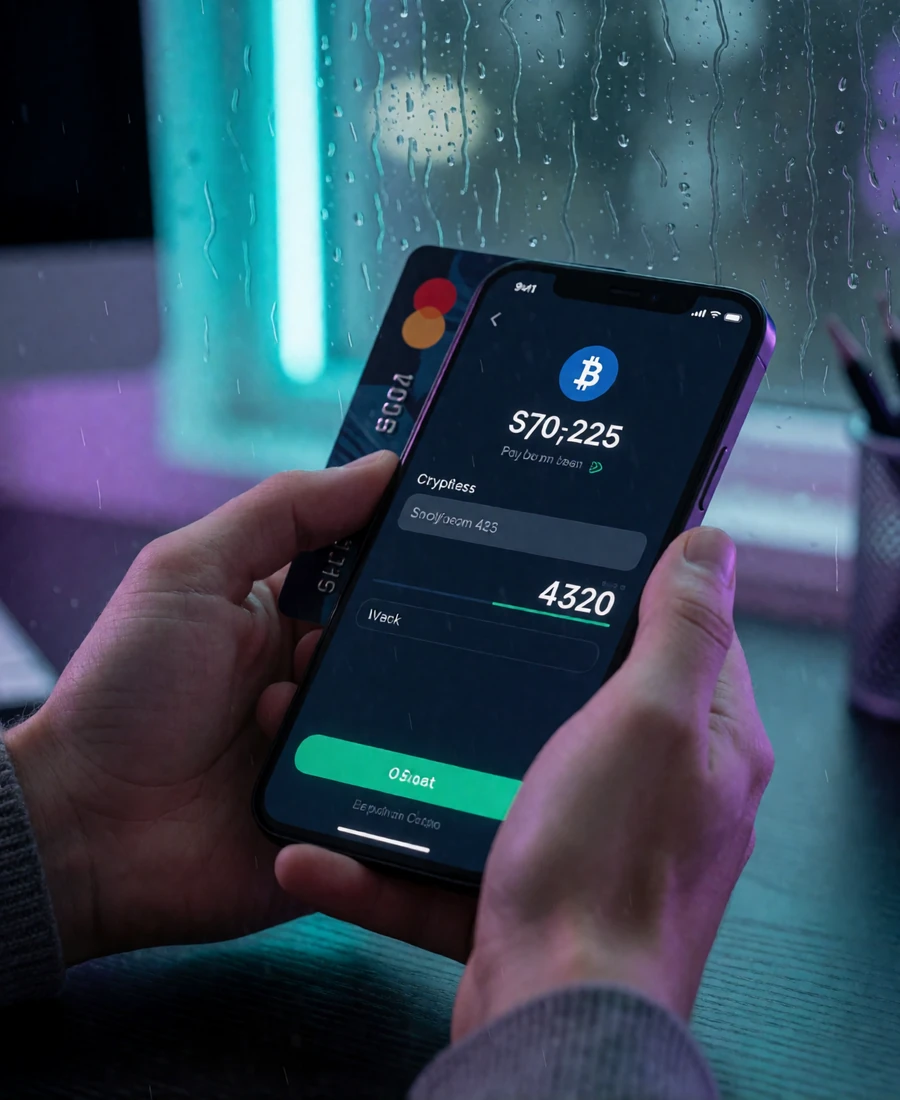 Smartphone mit Krypto-Kauf-Checkout und Kreditkarte im Neonlicht - Fiat-zu-Krypto per Onramper bei Rainbet